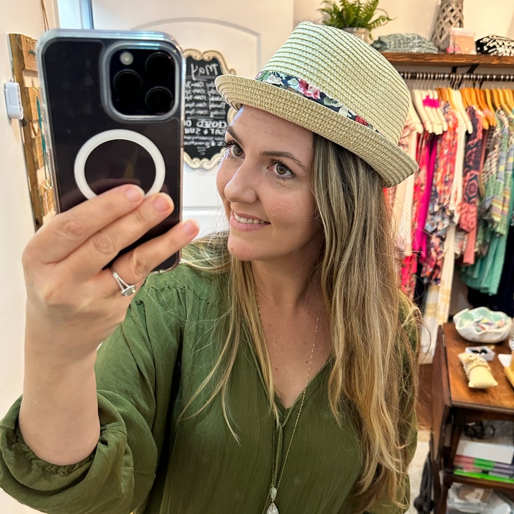 Straw Fedora with Navy Floral Band